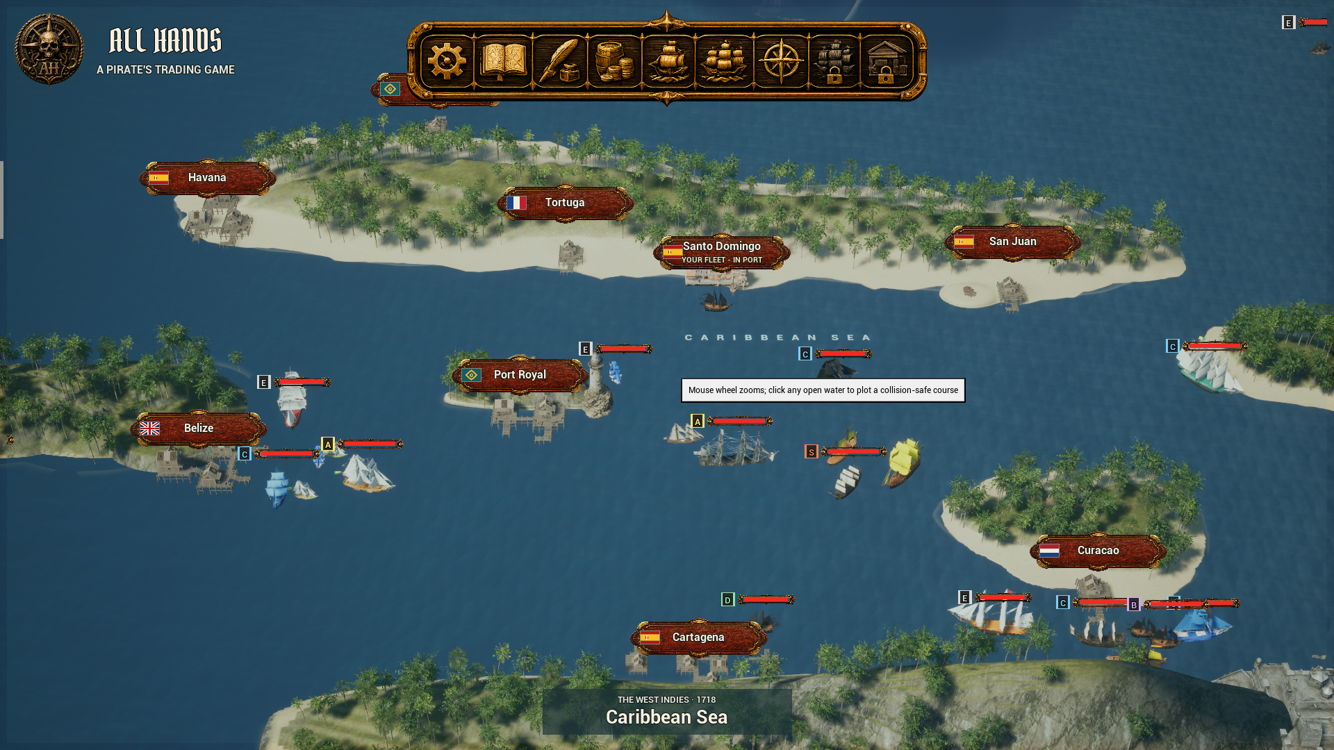 All Hands Caribbean world map with island ports and sailing fleets